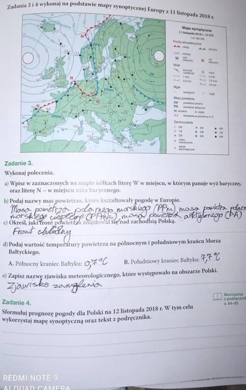Zadania 3 i 4 na podstawie mapy synoptycznej Europy z 11 listopada 2018 roku Proszę do zrobienia tyl