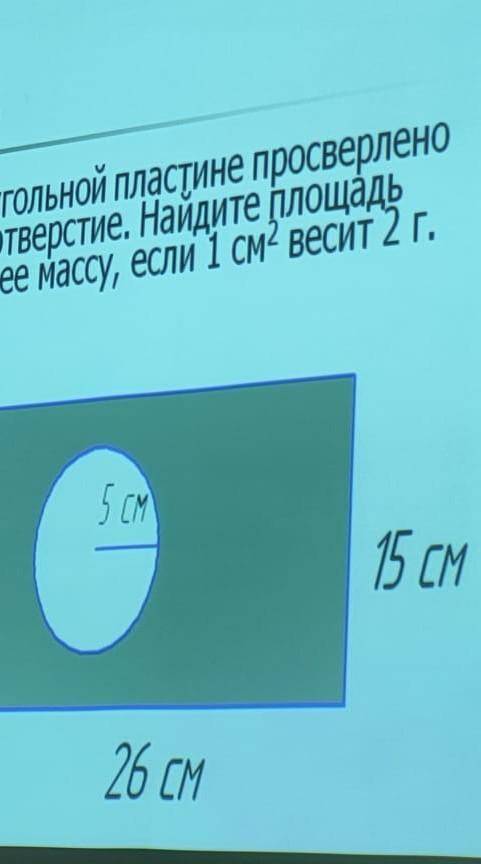 В прямоугольной пластине просверлено круглое отверстие. Найдите площадь детали и её массу, если 1 см