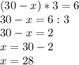 (30-x)*3=6\\30-x=6:3\\30-x=2\\x=30-2\\x=28