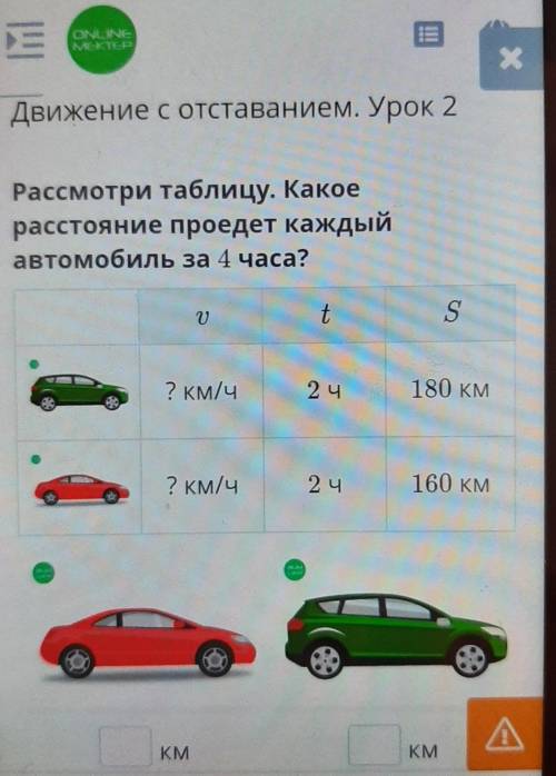 Движение с отставанием. Урок 2 Рассмотри таблицу. Какоерасстояние проедет каждыйавтомобиль за 4 часа