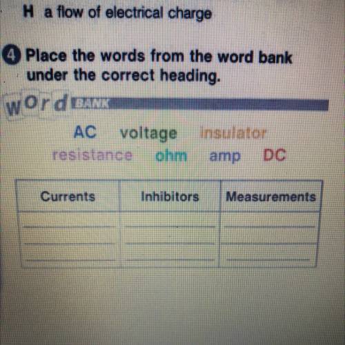 Place the words from the word bank under the correct heading. AC,voltage,resistance,amp, DC Currents