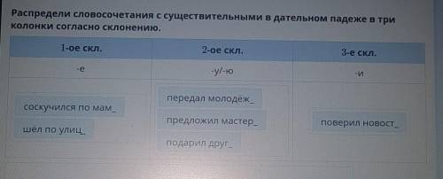 Распредели словосочетания с существительными в дательном падеже в три колонки согласно склонению.1-о