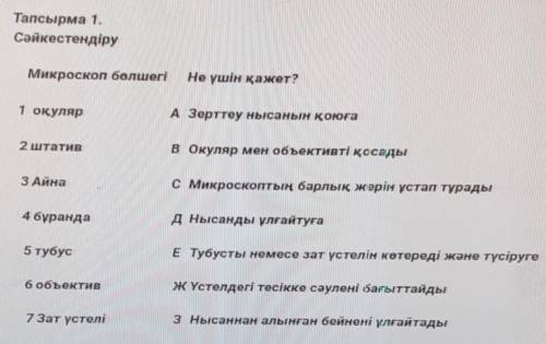 Тапсырма 1. СәйкестендіруМикроскоп болшеniНе үшін қажет?1 оқулярA Зорттеу нысанын қоюға2 штативв Оку