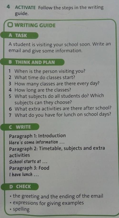 4 ACTIVATE Follow the steps in the writing guide.na,е eO WRITING GUIDEA TASKA student is visiting yo