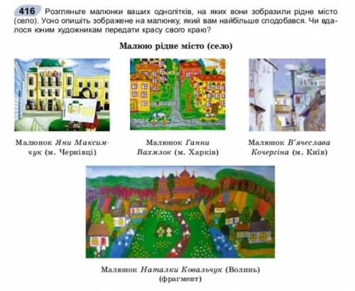 Розгляные малюнки ваших однолітків, на яких вони зобразили рідне місто (село). Усно опишіть зображен