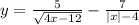 y = \frac{5}{ \sqrt{4x - 12} } - \frac{7 }{ |x| - 4}