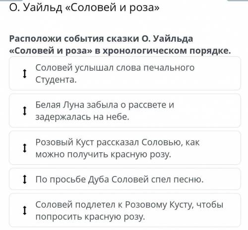 Расположи события сказки О. Уайльда «Соловей и роза» в хронологическом порядке. Соловей услышал слов