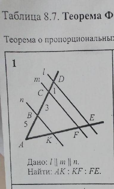 Дано: L || m || n Найти: AK:KF:FE Теорема фалеса, теорема пропорциональных отрезках