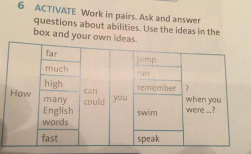 6 ACTIVATE Work in pairs. Ask and answer questions about abilities. Use the ideas in the box and you