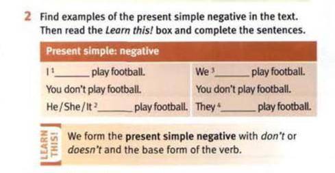 Find examples of present simple negative the text. Then read the Learn this! box and complete the se