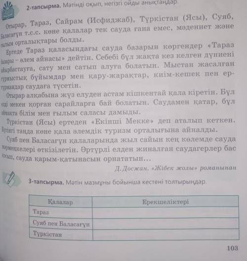 103 - бет 3- тапсырмаМәтін мазмұны бойынша кестені толтырыңдар. ​