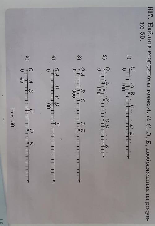 617. Найдите координаты точек A, B, C, D, E, изображенных на рисун- ке 50.0... А в., С. . . . D.E...