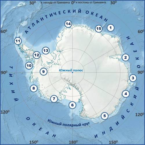 Какими цифрами на карте Антарктиды обозначены: море Уэдделла — ;море Беллинсгаузена
