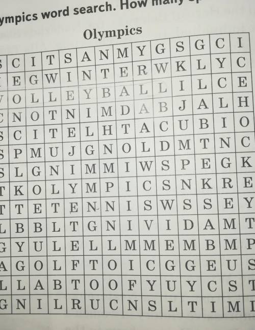 3 Do the Olympics word search. How many sports can you find? OlympicsSCIT SANMYGSGC II EGWINT ERWKLY