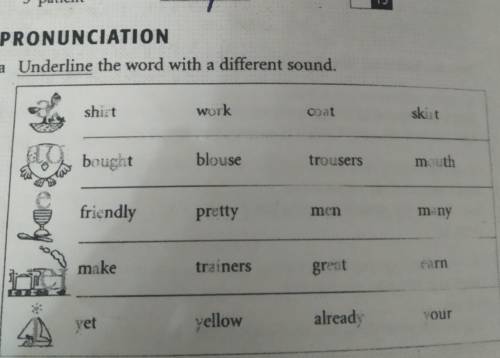 PRONUNCIATION a Underline the word with a different sound.1shitworkcoatskit2boughtblousetrousersmout