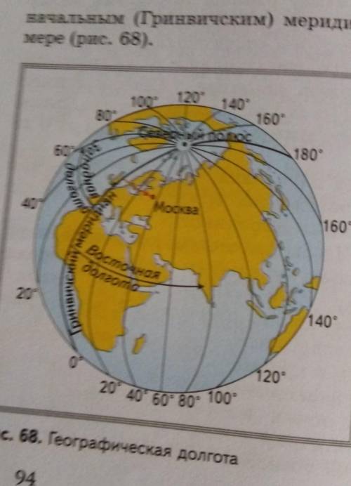 объесните по рисунку 68, как обозначает географическую долготу точек. Какую долготу имеют точки обоз