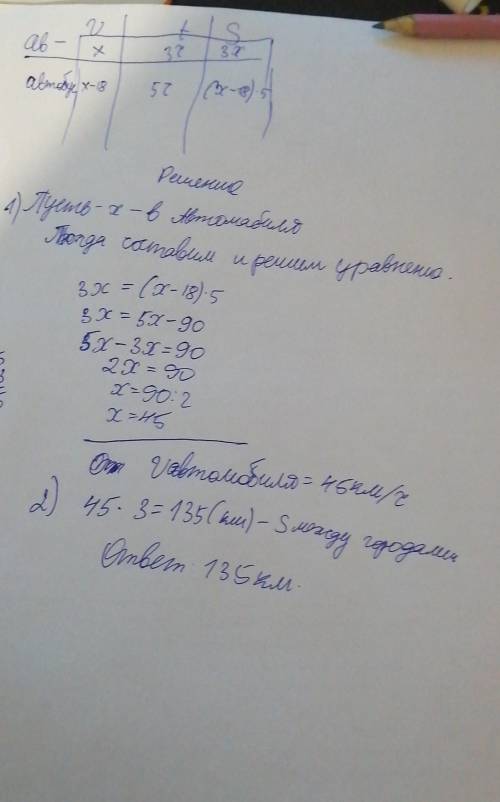 расстояние между двумя городами автомобиль преодолевает за 3ч, а автобус, скорость которого на 18км