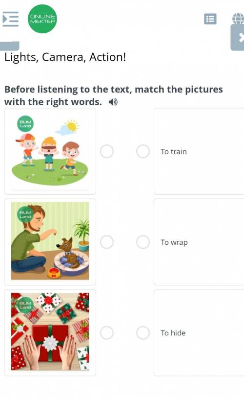 Lights, Camera, Action! Before listening to the text, match the pictures with the right words.￼￼￼To