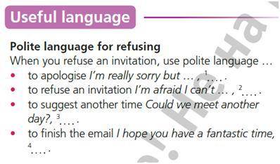 Polite language for refusing When you refuse an invitation, use polite language …apologise I'm reall
