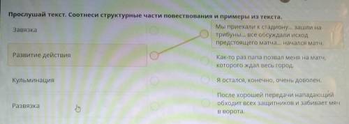 Прослушай текст. Соотнеси структурные части повествования и примеры из текста. Мы приехали к стадион