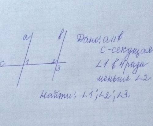 Дано а//в с-секущая угол 1 в 4 раза меньше угла 2,найти все углы ​