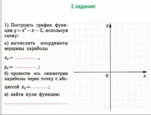 1) Построить график функ- ции y=x —x — 2, используяcxemy:а) вычислить координатывершины параболыб)