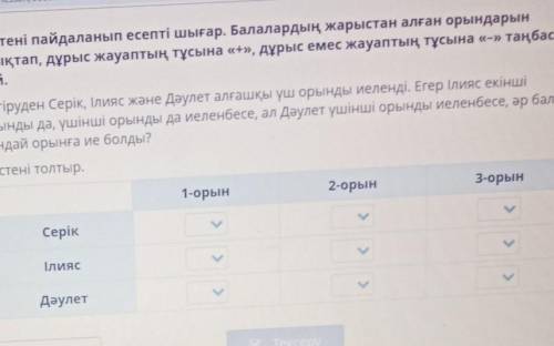 Кестені пайдаланып есепті шығар. Балалардың, жарыстан алған орындарын анықтап, дұрыс жауаптың тұсына