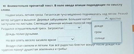 Гроза Внимательно прочитай текст. В поле ввода впиши подходящие по смыслуслова.Надвигалась летняя гр