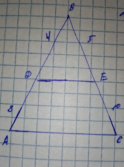 Дан треугольник ABC, AD=8см, CE=10см, DB=4см, EB=5см, DЕ-средняя линия Доказать: ABC∞DCE​