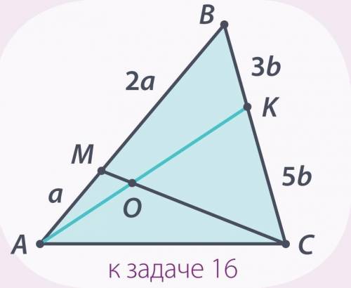 На сторонах АВ и ВС треугольника АВС взяли точки М и K так, что АМ : ВМ = 1 : 2, ВК : СK = 3 : 5. О