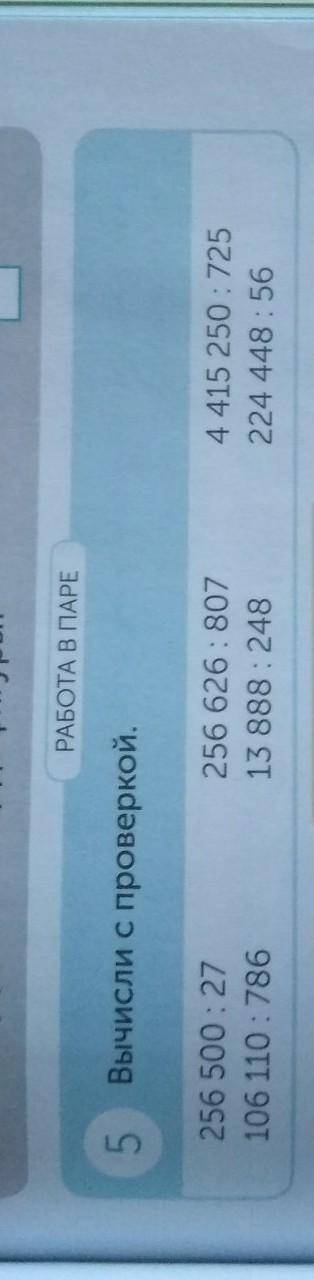 РАБОТА В ПАРЕ 5 Вычисли с проверкой.256 500 : 27106 110 : 786256 626 : 80713 888 : 2484 415 250 : 72