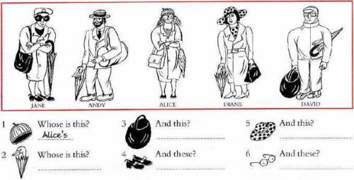 Example: Jane has got black shoes, round glasses, a funny hat, a black bag and a long umbrella. 1) A