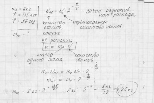 Зразок містить 8 кг Цезію-137, період піврозпаду якого становить 27 років. Скільки кілограмів цього