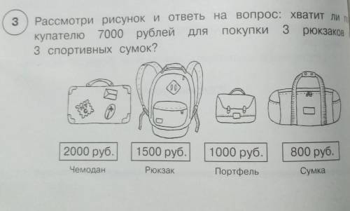 Рассмотри рисунок и ответь на вопрос: хватит ли покупателю 7.000 руб для покупки 3-х рюкзаков и 3-х
