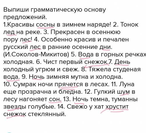 Выпиши грамматическую основу предложений.  1.Красивы сосны в зимнем наряде! 2. Тонок лед на реке. 3.