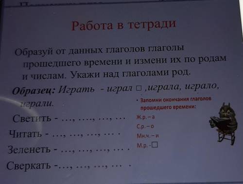 Работа в тетради Образуй от данных глаголов глаголы времени и измени их по родами числам. Укажи над