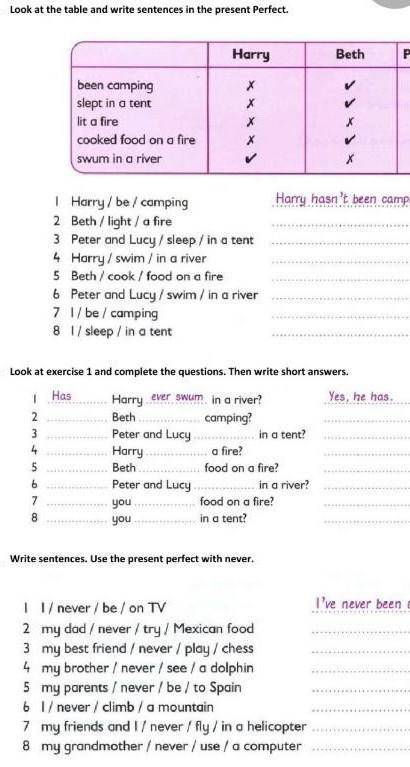 look at the table and write sentences in the present perfect harry hasn't been camping beth light a