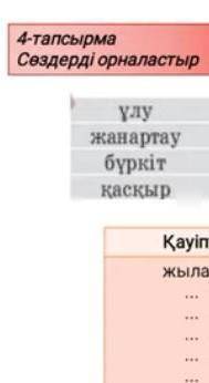 4-тапсырма Сөздерді орналастырулужанартаубүркітқасқырьЖылансегізаяқтеңіз тасбақасыбалыктолқынжылқыта