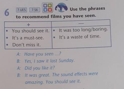 Ding 7.UE567.56Use the phrasesto recommend films you have seen.+You should see it. • It was too long
