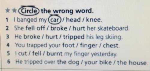 **Circle the wrong word. 1 I banged my car / head / knee.2 She fell off / broke / hurt her skateboar