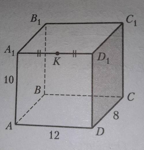 По данным на рисунке найдите площадь сечения прямоугольного параллелепипеда плоскостью CC1K​