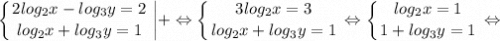 $ \displaystyle \left \{ {{2log_{2}x-log_{3}y=2} \atop {log_{2}x+log_{3}y=1}} \right. \bigg | + \Leftrightarrow \left \{ {{3log_{2}x=3} \atop {log_{2}x+log_{3}y=1}} \right. \Leftrightarrow \left \{ {{log_{2}x=1} \atop {1+log_{3}y=1}} \right. \Leftrightarrow $