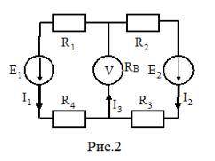 Для электрической цепи (рис.2 ) определить токи в ветвях и показания вольтметра ,обладающего внутрен