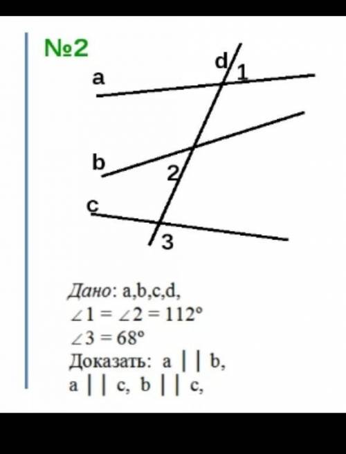 Дано: a,b,c,d угол 1 = угол 2= 112⁰ , угол 3 = 68⁰ доказать: a | | b, a | | c, b | | c.​