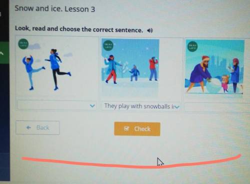 Look, read and choose the correct sentence. +They play with snowballs ir-BackCheck​