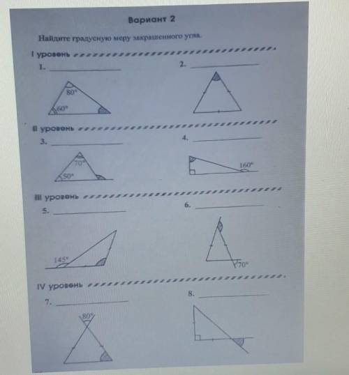 Вариант 2 Найдите градусную меру закрашенного угла.1 уровень1.8060°| уровень те,3.4.60КsooII уровень