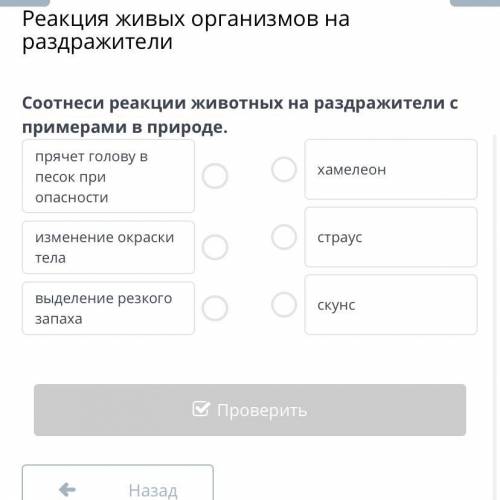 Реакция живых организмов на раздражители Соотнеси реакции животных на раздражители с примерами в при