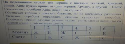 На подоконнике стояли три горшка с цветами: желтый, красный, синий. Айне нужно принести один горшок