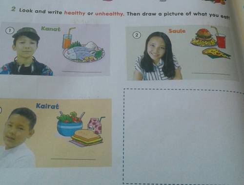 2 Look and write healthy or unhealthy. Then draw a picture of what you eat! SauleKanatKairat​