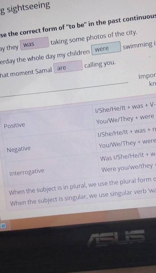 Going sightseeing Choose the correct form of to be in the past continuous tense. 9All day they was